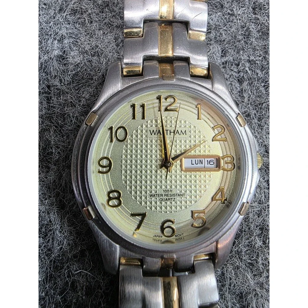 Waltham Two-Tone Day-Date Quartz Watch 100ft Water Resistant Stainless As Is
